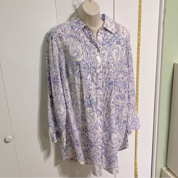 CHICOS Dress Shirt Tunic Purple White Paisley Floral Button Down Blouse Medium - Picture 11 of 16